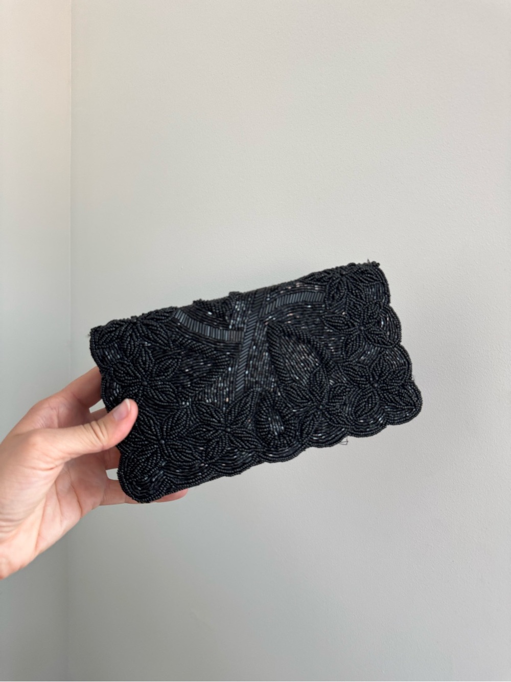 Vintage Beaded Floral Clutch Bag - Black